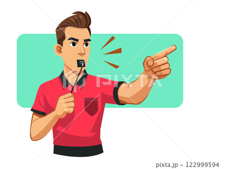 Flat illustration of a football referee blowing a whistle and pointing. 122999594