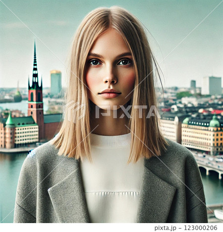 ストックホルム　北欧ファッションに身を包んだブロンドのストレートヘアの女性 123000206