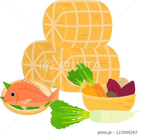 米俵と野菜と鯛 123000267