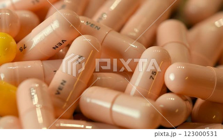 A pile of tablets. Macro image of a heap of pills. Medication in capsules. Concept of health and misuse of medicines 123000531