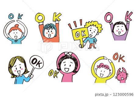 OKサインを出すポップな女性と男性と猫の手描きイラストセット 123000596