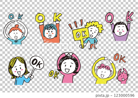 OKサインを出すポップな女性と男性と猫の手描きイラストセット 123000596