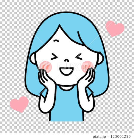 Illustration of a woman who is happy with her hand on her cheek 123001259