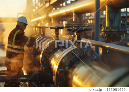 Close-up of a worker operating equipment at a carbon capture and storage facility during sunset with steam rising in the background 123001432
