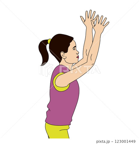 A young woman with a ponytail raises her arms and looks forward, possibly preparing for a movement or activity.  123001449
