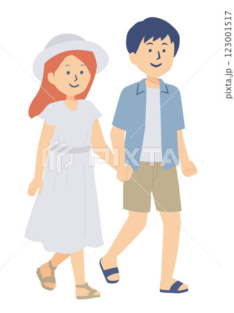 手をつないで歩く夏服のカップルのイラスト 手をつないで歩く夏服のカップルのイラスト 123001517