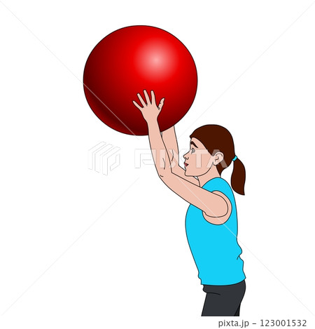 A person is lifting a large red exercise ball with both hands.  123001532