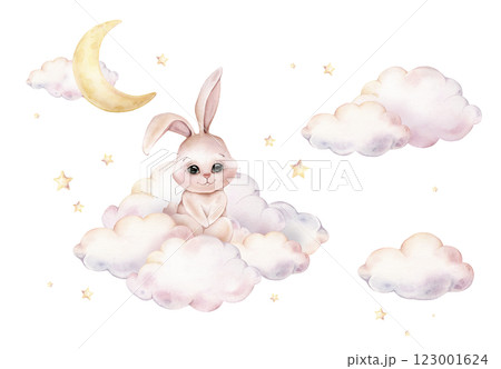 Hand drawn watercolor illustration of the cute bunny on clouds with stars and moon for Baby shower invitations or nursery wall art. Drawing rabbit or hare in sky for kids greeting cards. Hand drawn watercolor illustration of the cute bunny on clouds with stars and moon for Baby shower invitations or nursery wall art. Drawing rabbit or hare in sky for kids greeting cards. 123001624