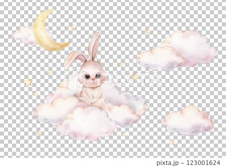 Hand drawn watercolor illustration of the cute bunny on clouds with stars and moon for Baby shower invitations or nursery wall art. Drawing rabbit or hare in sky for kids greeting cards. Hand drawn watercolor illustration of the cute bunny on clouds with stars and moon for Baby shower invitations or nursery wall art. Drawing rabbit or hare in sky for kids greeting cards. 123001624