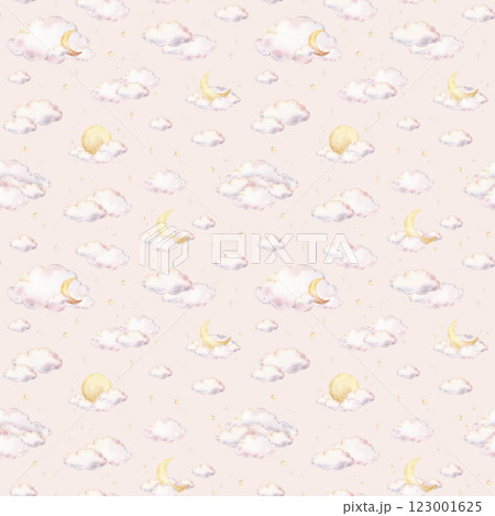 Seamless watercolor pattern with rainbow colors pastel clouds and yellow stars, and crescent moons. Illustration of background for nursery wallpaper, baby decor, textiles, or children paper. Seamless watercolor pattern with rainbow colors pastel clouds and yellow stars, and crescent moons. Illustration of background for nursery wallpaper, baby decor, textiles, or children paper. 123001625