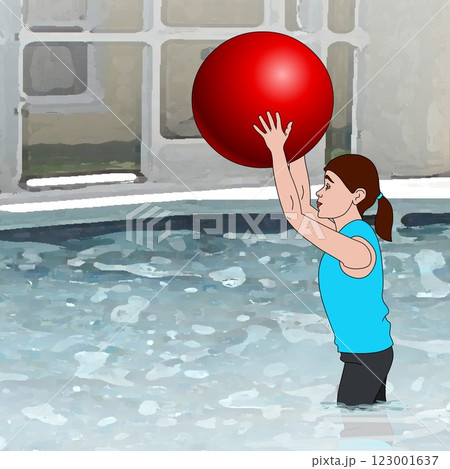 A person in a blue shirt stands in a swimming pool, holding a large red exercise ball above their head.  A person in a blue shirt stands in a swimming pool, holding a large red exercise ball above their head.  123001637