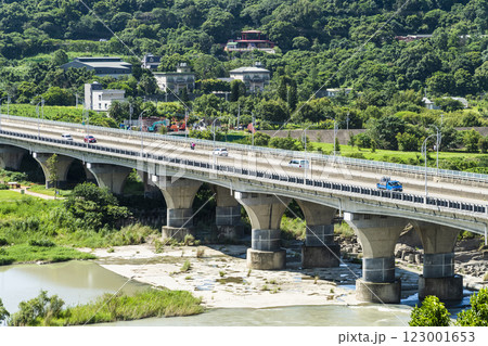 View of Provincial Highway 3 crossing the Dahan River in Daxi of Taoyuan, Taiwan. it's also known as the Wuling Bridge. 123001653
