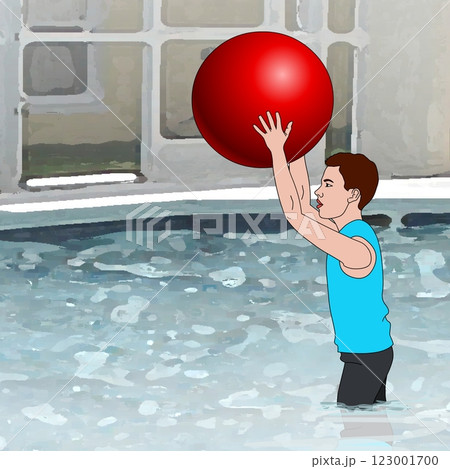 A person stands waist-deep in water, holding a large red ball above their head. A person stands waist-deep in water, holding a large red ball above their head. 123001700