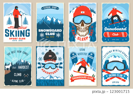 Vector ski club retro flyer, poster, banner with mountain, snowboarder, mountaineers, ski glasses, skull skeleton, ski, helmet, ski boot. Family vacation, activity or travel. Extreme winter sport 123001715
