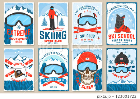 Enjoy the cold. Vector ski club retro flyer, poster, banner with mountain, ski glasses, skull skeleton, ski, helmet, ski boot. Family vacation, activity or travel. 123001722