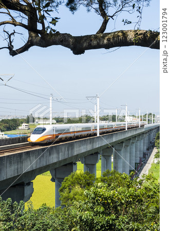 Overlooking view of the Taiwan High Speed Rail trains passing the Waipu of Taichung in Taiwan, It is the only high-speed railway in Taiwan. 123001794