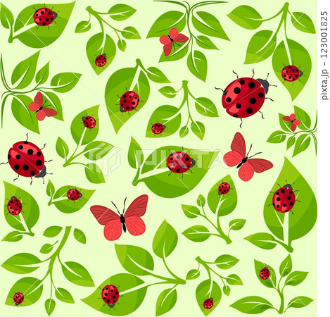 Colorful vector illustration of ladybugs and butterflies among green leaves in a lively, natural design. Seamless pattern 123001825