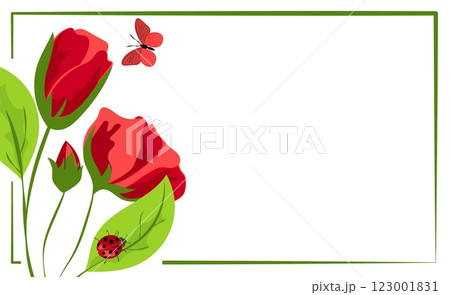 Vibrant vector illustration featuring red roses, a butterfly, and a ladybug in a natural setting. Copy space 123001831