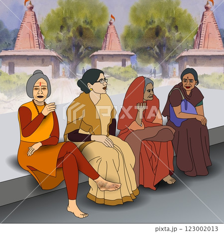 Four women in traditional attire sit together conversing. 123002013