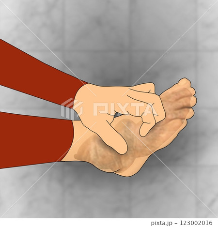 A hand reaches out to scratch the sole of a foot against a tiled background.  123002016