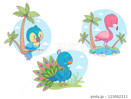 Tropical cute birds set. Funny peacock, pink flamingo stands in water and Ara parrot with palm trees. Isolated funny cartoon kawaii characters. Vector illustration Tropical cute birds set. Funny peacock, pink flamingo stands in water and Ara parrot with palm trees. Isolated funny cartoon kawaii characters. Vector illustration 123002211