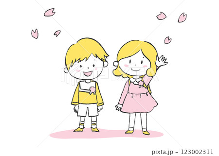 桜の下でランドセルを背負った小学生の男の子と女の子 桜の下でランドセルを背負った小学生の男の子と女の子 123002311