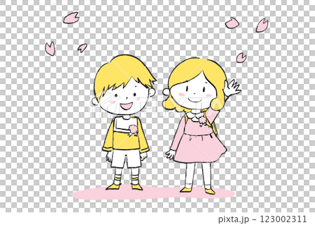 櫻花下背著書包的小學男生和女生 123002311