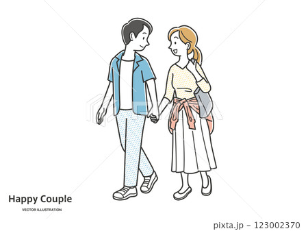 笑顔で会話しながら散歩する若いカップル 123002370