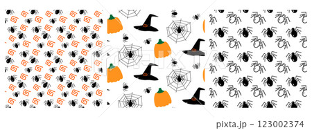 Spider and ornamental element. Pumpkins, Witch Hats, cobweb and silhouette spiders Seamless patterns Spider and ornamental element. Pumpkins, Witch Hats, cobweb and silhouette spiders Seamless patterns 123002374