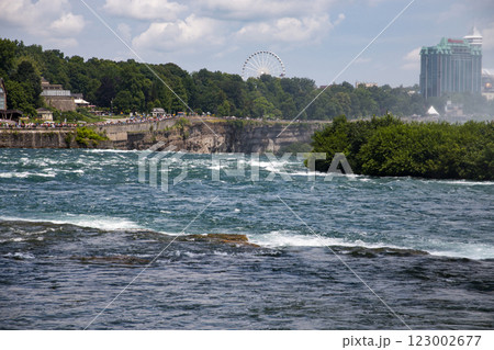 Niagara Falls Attraction Features Scenic Views and Vibrant Water Currents on a Sunny Day 123002677