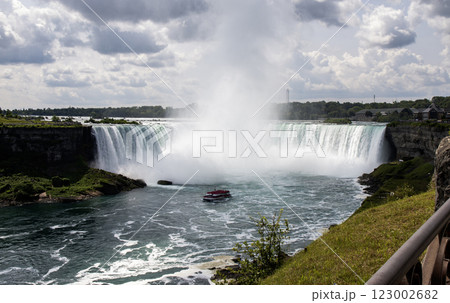 Niagara Falls Waterfalls Cascading Into Turquoise Waters Near Lush Greenery and a Boat 123002682