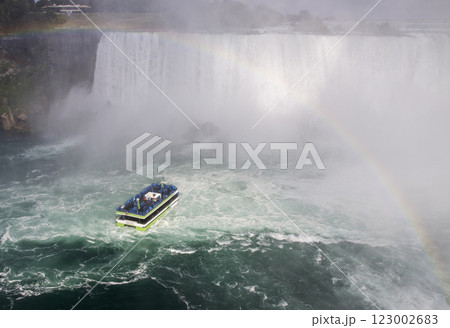 Tour Boat Navigating Through Mist Near Niagara Falls With a Rainbow in the Background 123002683
