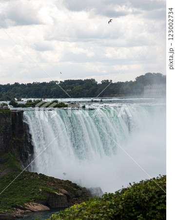 Majestic Niagara Falls Cascades With Powerful Flow Under Cloudy Skies 123002734