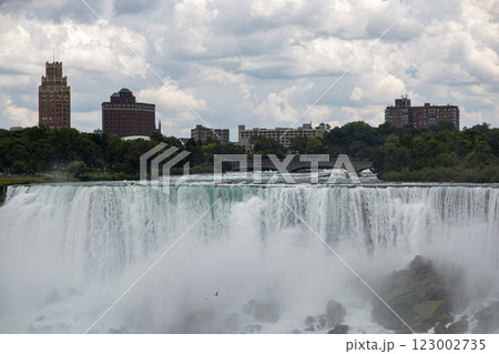 Majestic View of Niagara Falls With City Skyline Under a Cloudy Sky 123002735
