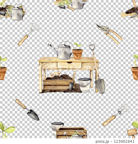 gardening seamless pattern with watercolor illustrations of tools 123002841