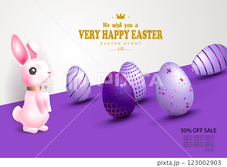 Gorgeous purple illustration with Easter eggs and a pink bunny Gorgeous purple illustration with Easter eggs and a pink bunny 123002903