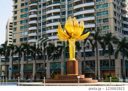 Building view of the large sculpture Lotus Flower In Full Bloom at Lotus Square in Se, downtown Macau, China. 123002921