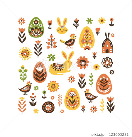 Scandinavian Easter Pattern with Bunnies, Eggs, Flowers, and Birds 123003281