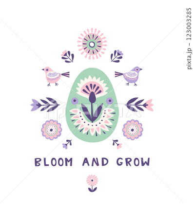 Scandinavian Easter Illustration with Decorative Flowers and Bunny 123003285