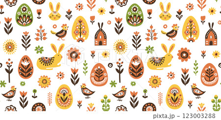 Scandinavian Easter Pattern with Bunnies, Eggs, Flowers, and Birds Scandinavian Easter Pattern with Bunnies, Eggs, Flowers, and Birds 123003288