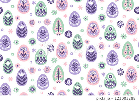 Seamless Scandinavian Easter Pattern with Decorated Eggs and Flowers 123003289