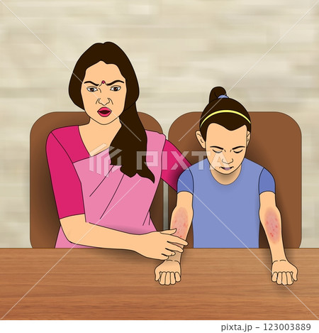 A woman in a pink sari sits beside a young girl with irritated red patches on her arms.  123003889