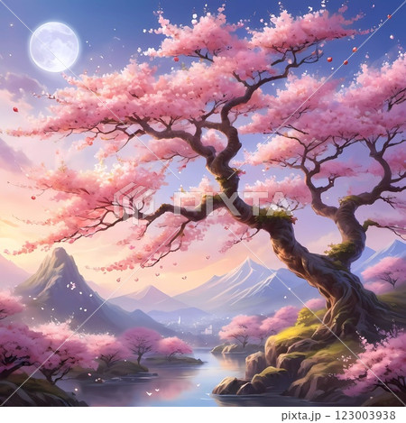 A majestic sakura tree stands by a tranquil lake, vibrant pink blossoms reflecting in the water, surrounded by distant mountains at twilight. Sakura is blooming. Pink cherry bloom. Generative AI. 123003938