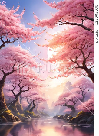 A majestic sakura tree stands by a tranquil lake, vibrant pink blossoms reflecting in the water, surrounded by distant mountains at twilight. Sakura is blooming. Pink cherry bloom. Generative AI. 123003939