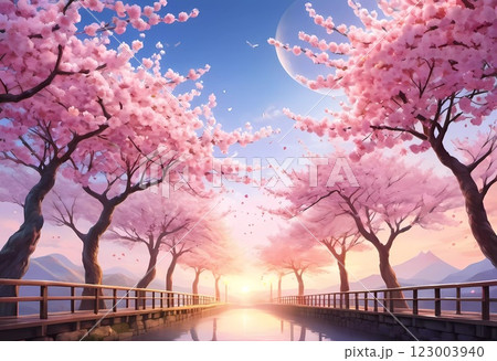 A majestic sakura tree stands by a tranquil lake, vibrant pink blossoms reflecting in the water, surrounded by distant mountains at twilight. Sakura is blooming. Pink cherry bloom. Generative AI. 123003940