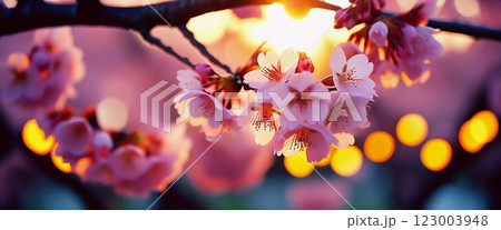 Sakura is blooming. Delicate pink cherry blossoms bloom beautifully on a tree branch during the spring season, filling the scene with vibrant colors and a sense of renewal in nature. Generative AI 123003948