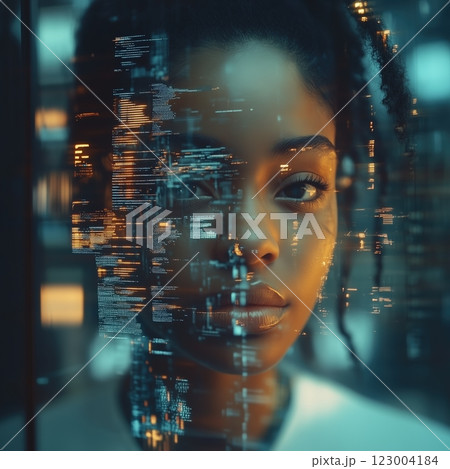 Artificial Intelligence Cyborg head with digital graphic brain inside and realistic human face. Combination of human body parts with mechanical robotic elements 123004184