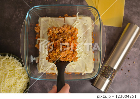 Top view. Homemade lasagna cooking preparation. Woman's hand use a spatula to spread the Bolognese sauce into a glass form. Pasta sheets. Grated cheese in a black bowl, pepper mill Top view. Homemade lasagna cooking preparation. Woman's hand use a spatula to spread the Bolognese sauce into a glass form. Pasta sheets. Grated cheese in a black bowl, pepper mill 123004251