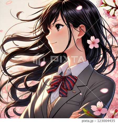 桜の花を背景にした女子高生 桜の花を背景にした女子高生 123004435
