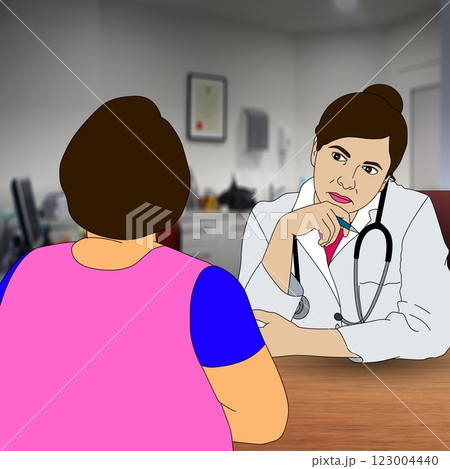 A doctor attentively listens to a patient in a clinical setting, suggesting a discussion about health concerns.  123004440
